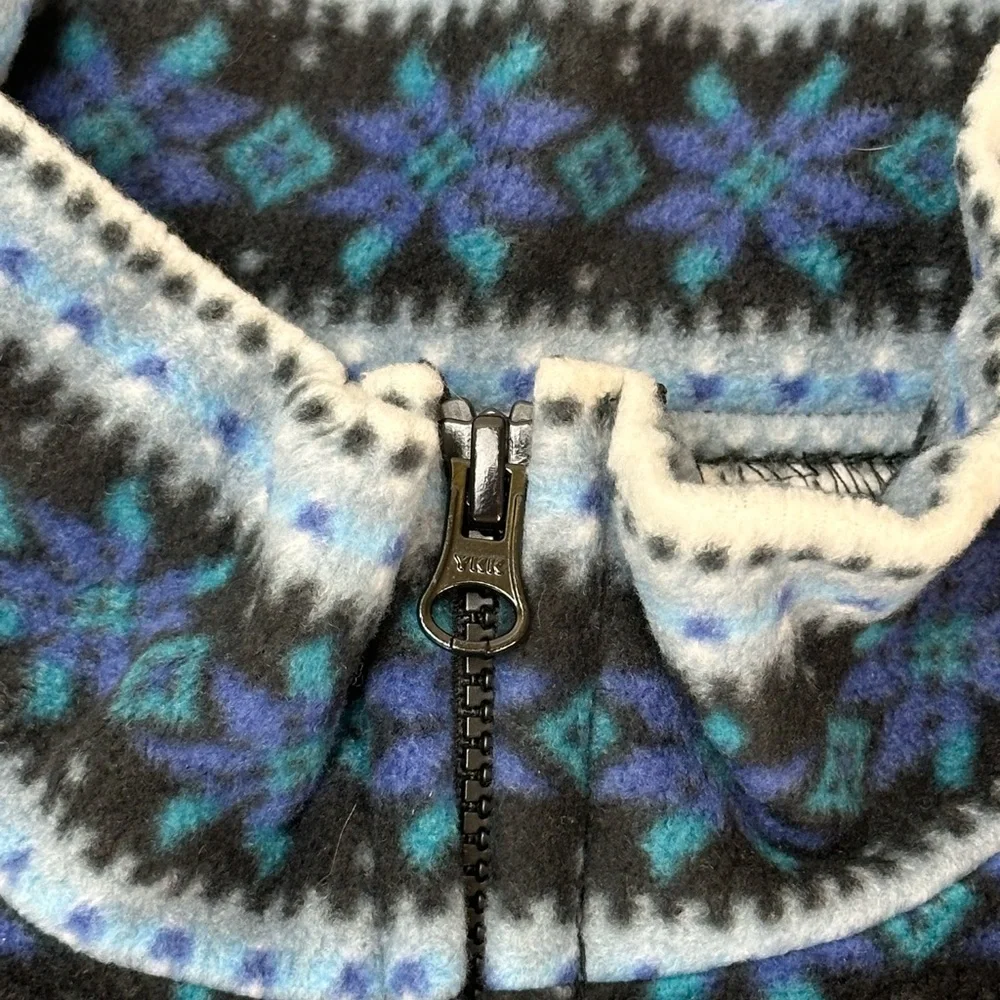 Women’s Gear Blue Fleece Snowflake Stripe Print Full Zip Light Jacket L‎ Pockets